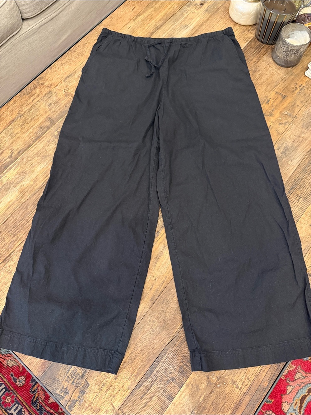 Athleta Black Wide-Leg Pull-On Linen-Blend Pants